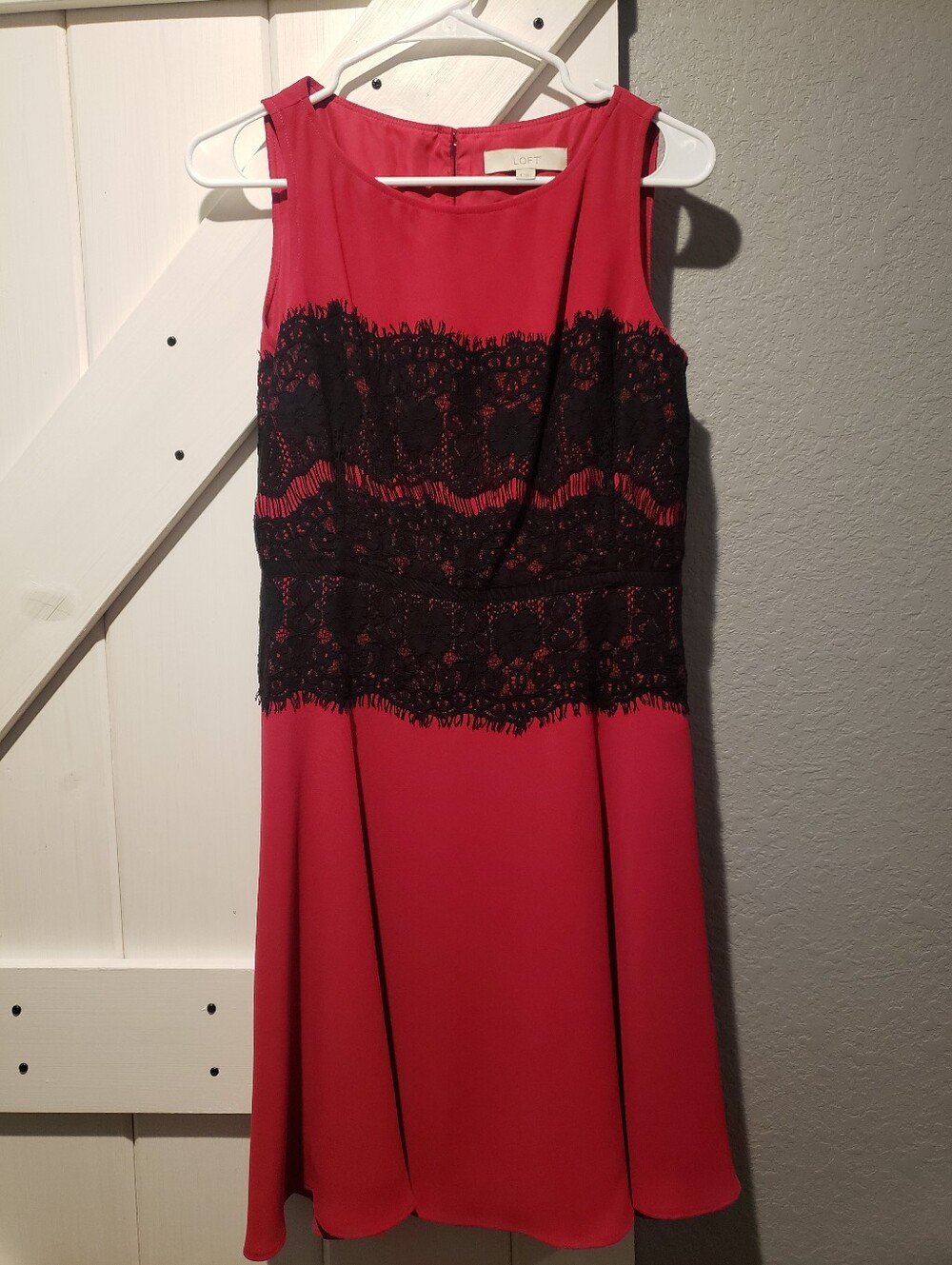 LOFT Hot Pink Sleeveless Dress with Black Lace Overlay